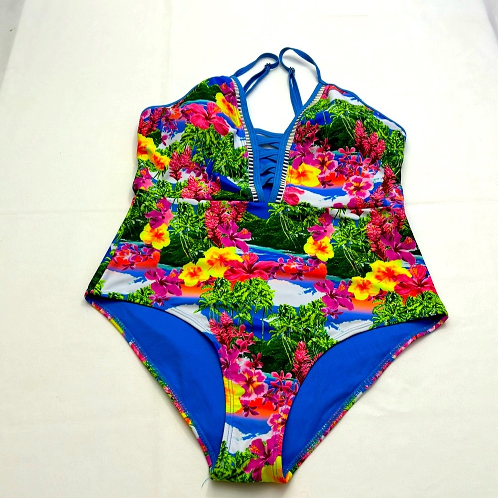 Nicole Miller tropical lace up Mio One Piece Swim plunging‎ neckline